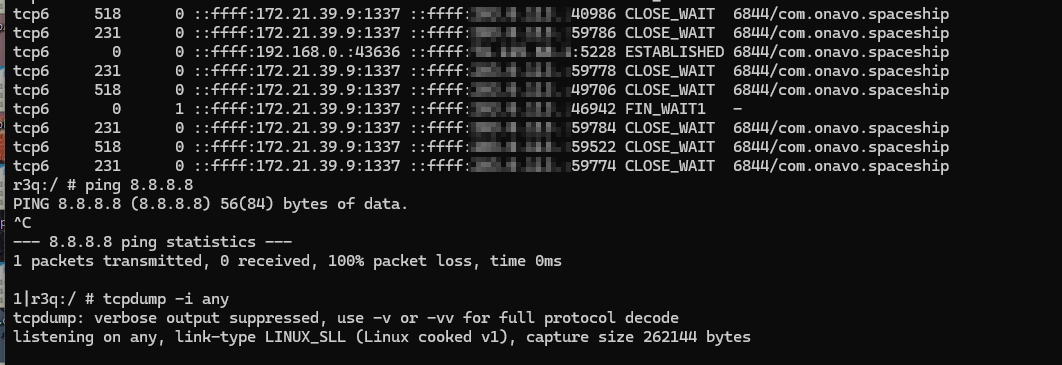 Connections timing out, and a tcpdump shows that all traffic from the device is dropped after the VPN connection is initiated